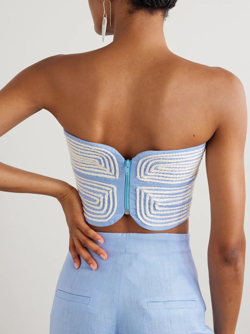 Back view of the Andres Otalora Baia Cutout Embroidered Linen Bustier Top