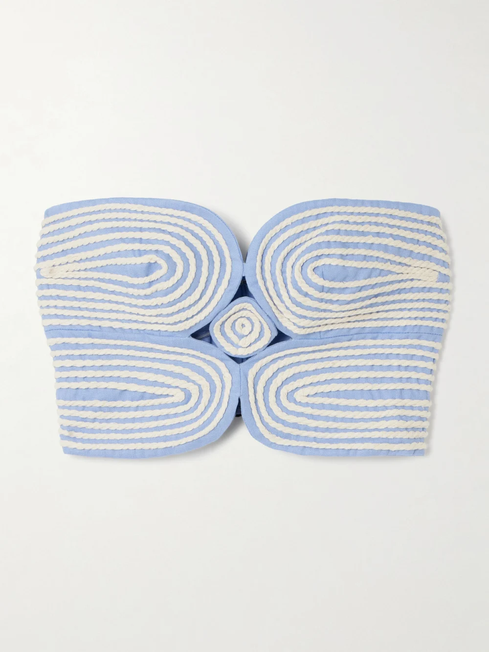 Andres Otalora Baia Cutout Embroidered Linen Bustier Top in blue
