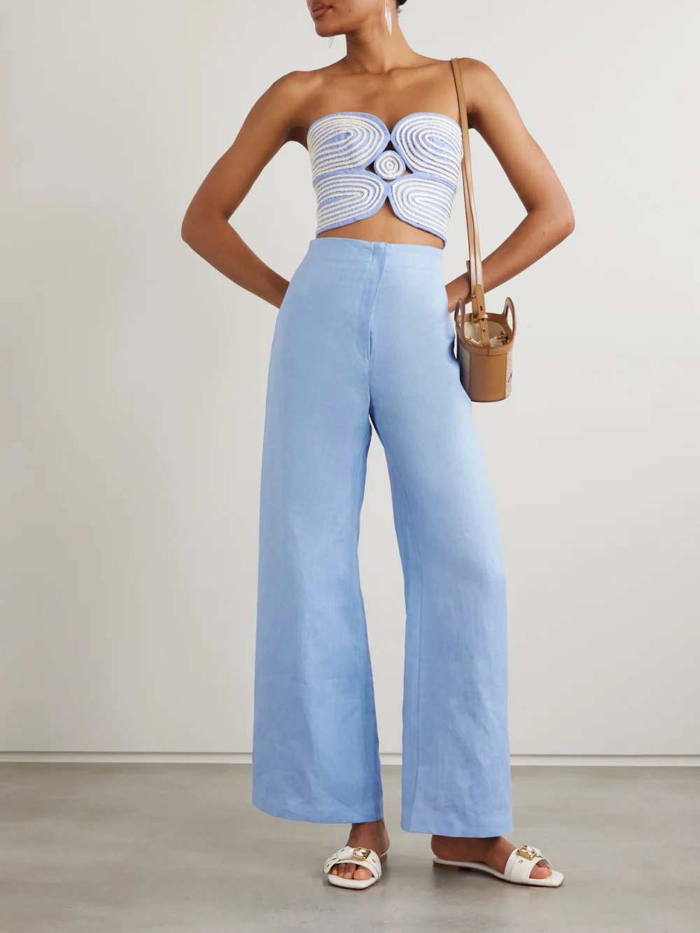 Andres Otalora Baia Cutout Embroidered Linen Bustier Top, worn by a model