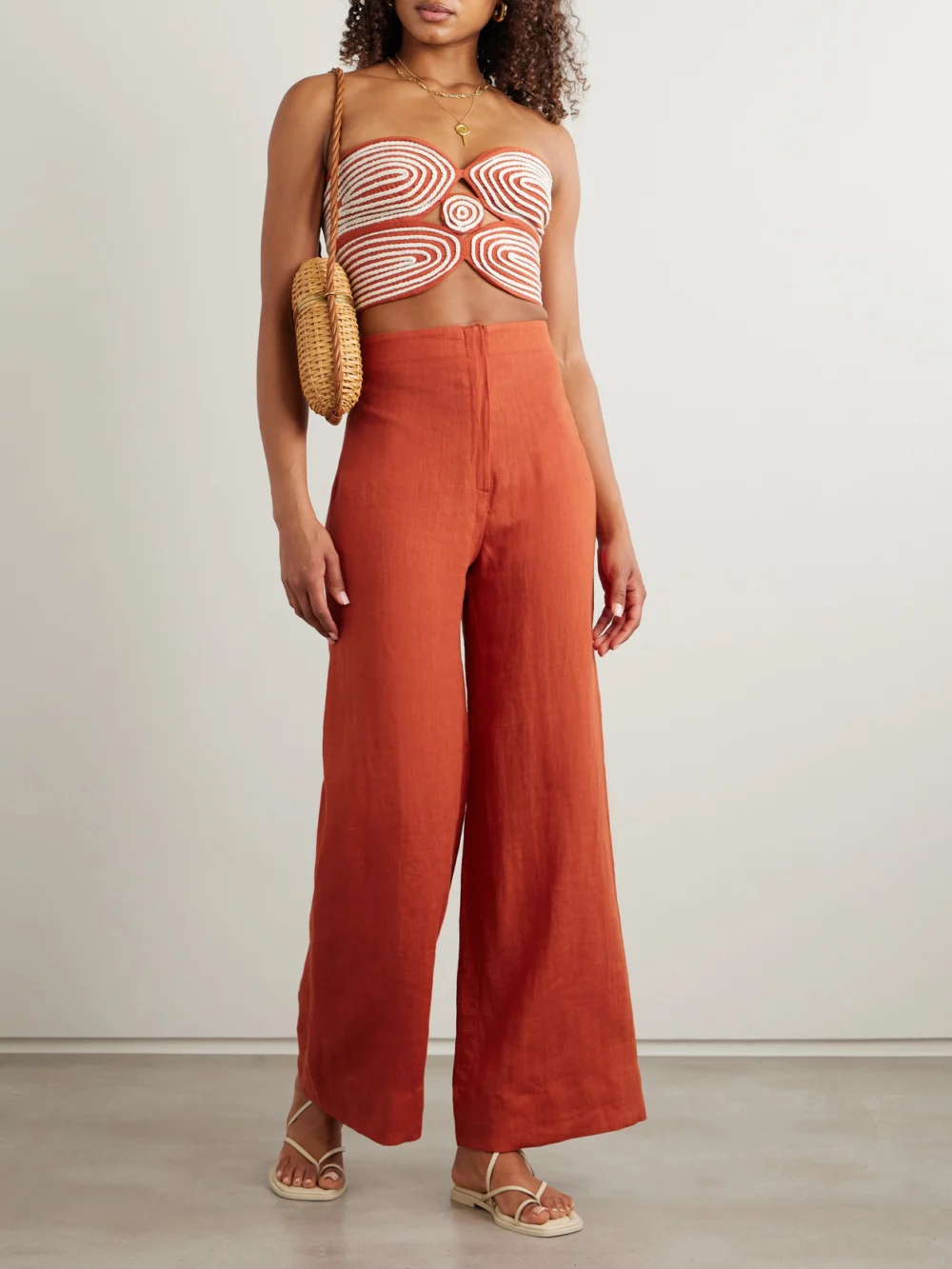 Andres Otalora Baia Cutout Embroidered Linen Bustier Top, worn by a model