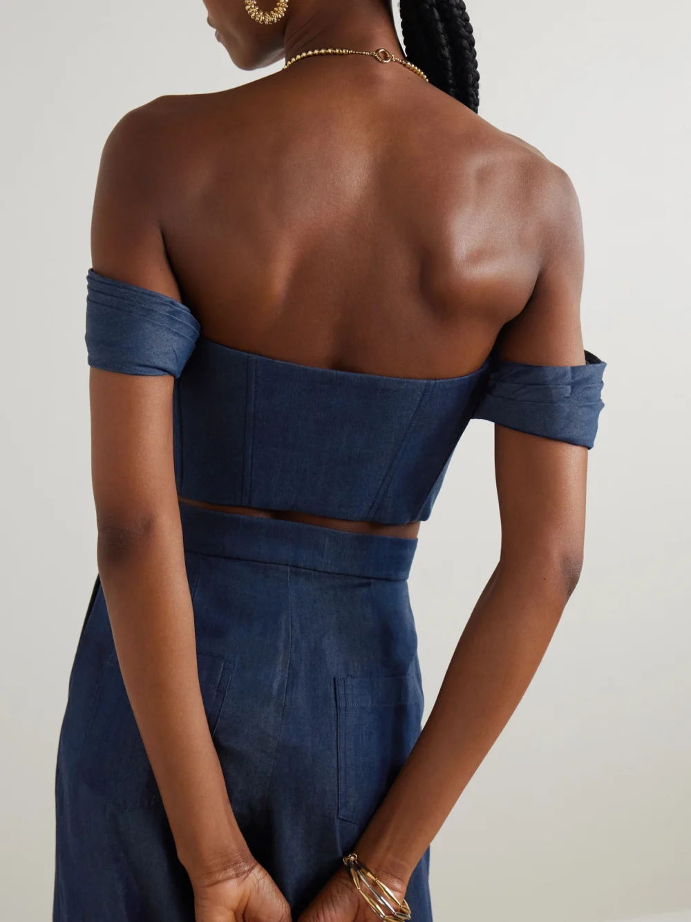 Back view of the Andres Otalora De Azahar Off-the-shoulder Draped Tencel™ Lyocell Bustier Top
