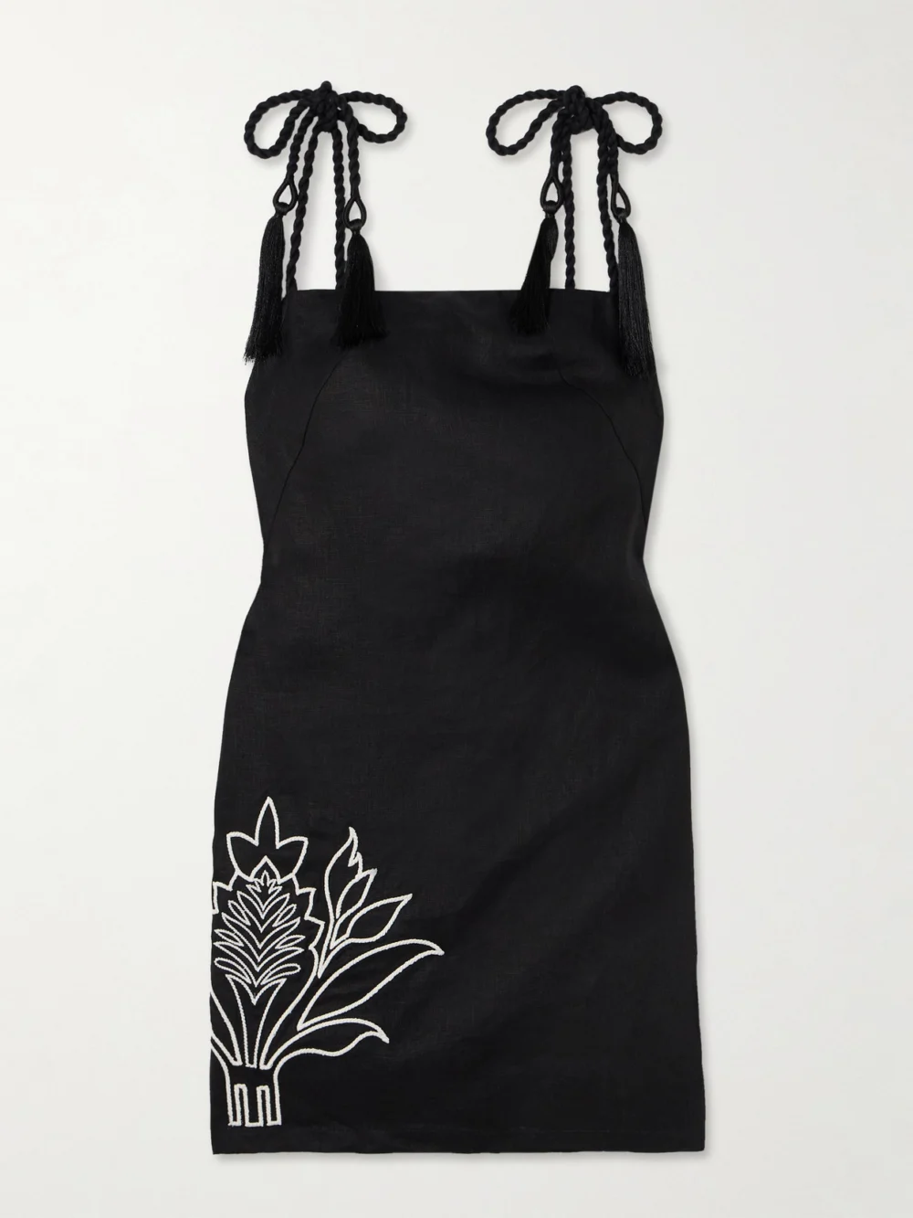 Andres Otalora Haath Tasseled Embroidered Linen Mini Dress in black