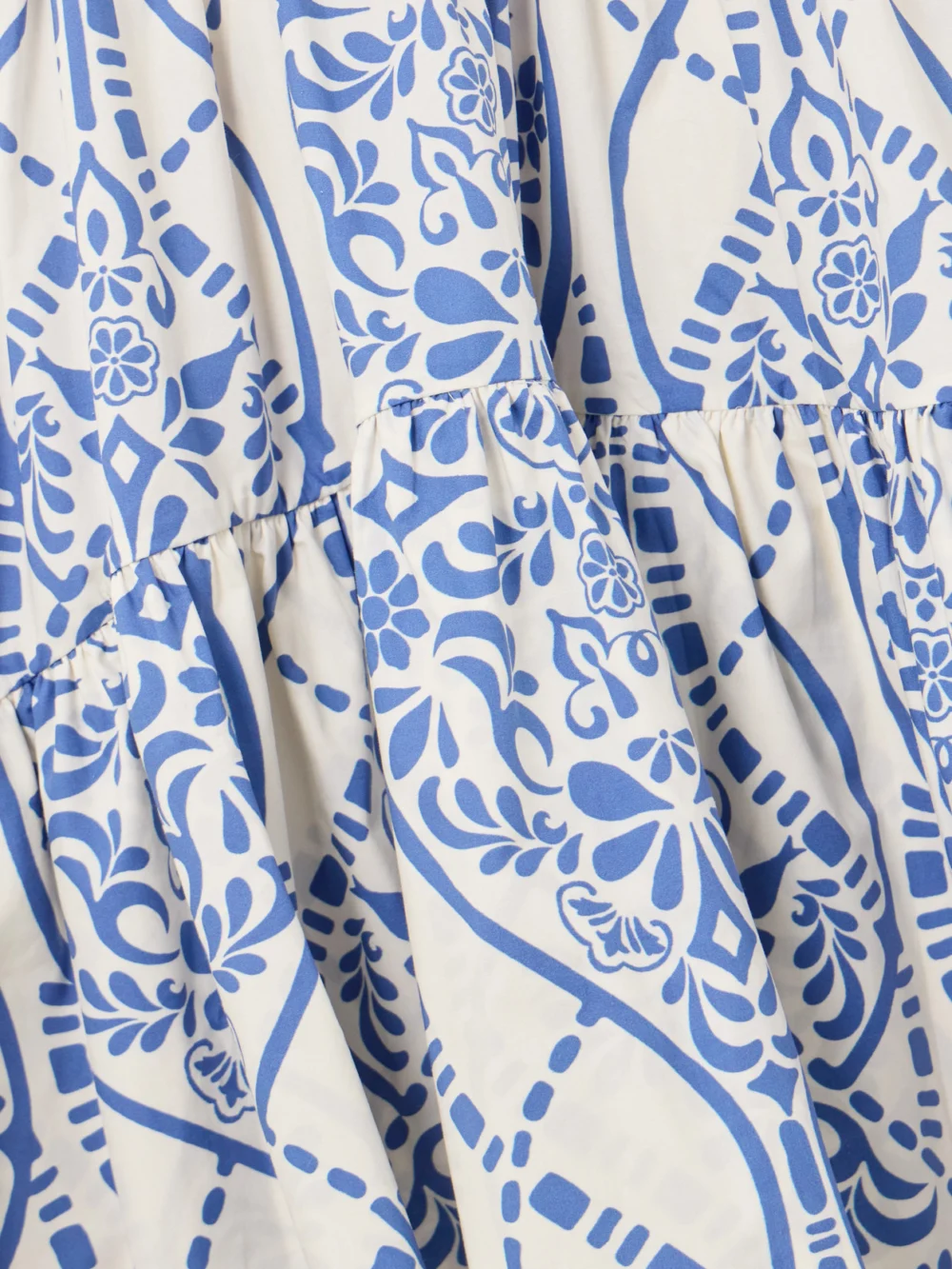 Close-up detail of the Andres Otalora Joyah Colonial Printed Tiered Asymmetric Maxi Dress