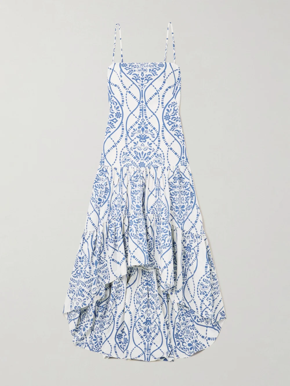 Andres Otalora Joyah Colonial Printed Tiered Asymmetric Maxi Dress in navy