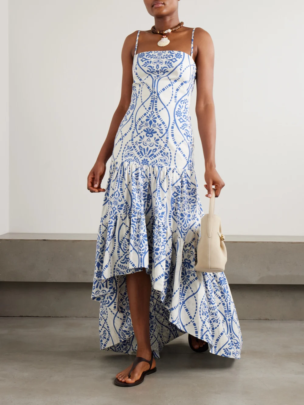 Andres Otalora Joyah Colonial Printed Tiered Asymmetric Maxi Dress, worn by a model