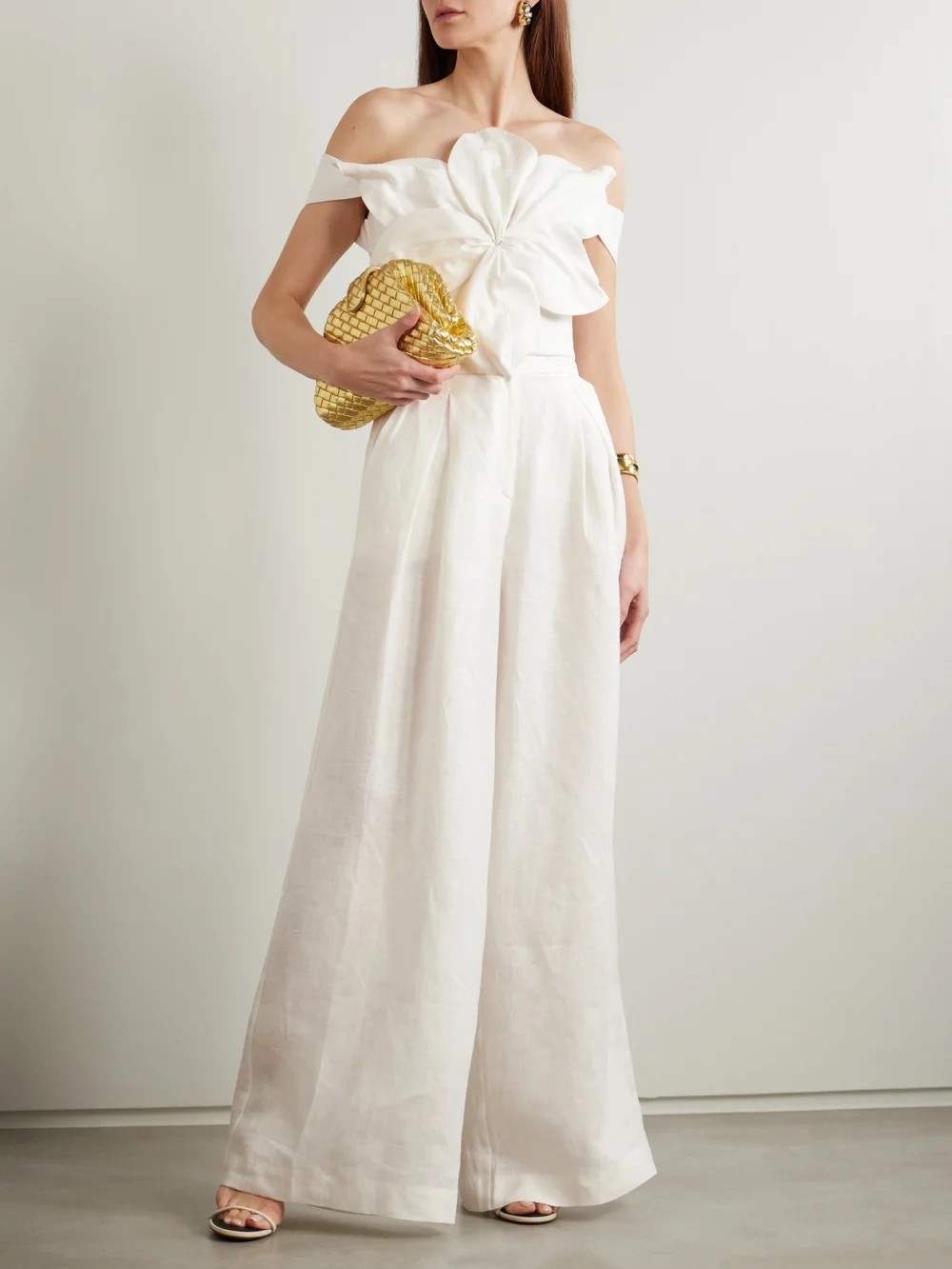 Andres Otalora Kushi Pleated Linen Wide-leg Pants, worn by a model