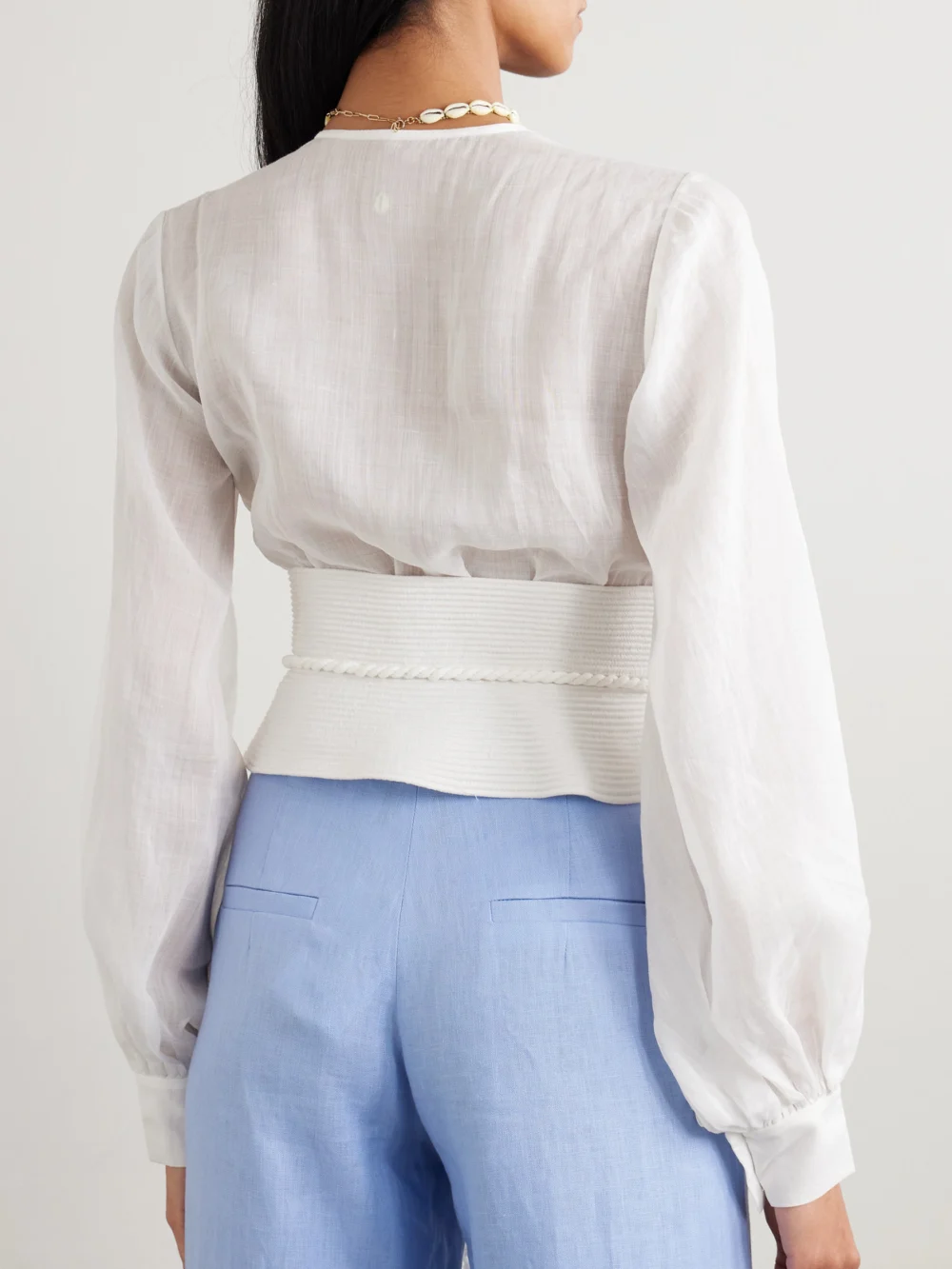 Back view of the Andres Otalora La Costa Braid-trimmed Belted Linen Blouse