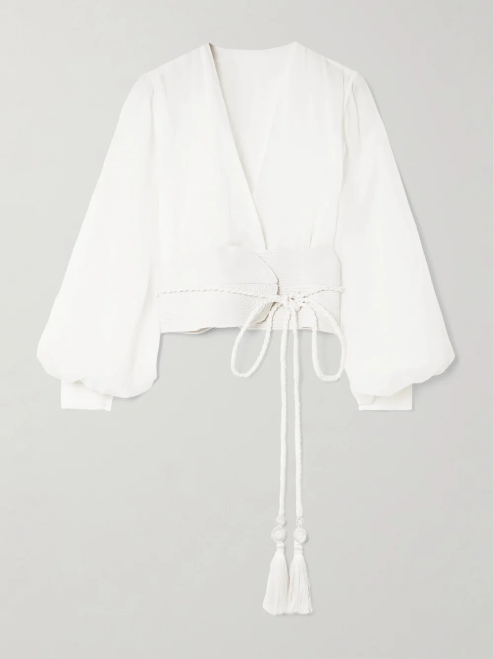 Andres Otalora La Costa Braid-trimmed Belted Linen Blouse in white