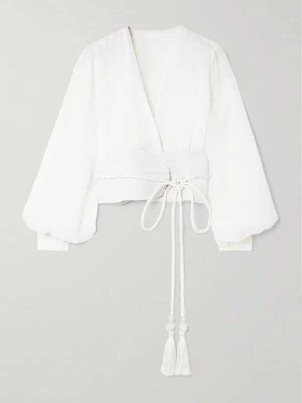 Andres Otalora La Costa Braid-trimmed Belted Linen Blouse