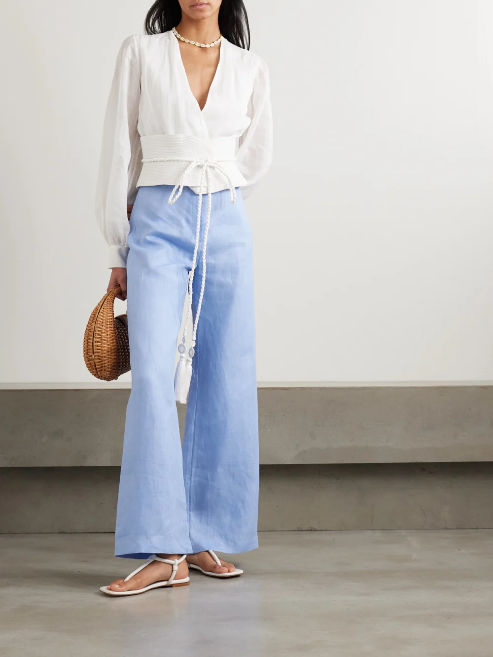 Andres Otalora La Costa Braid-trimmed Belted Linen Blouse, worn by a model