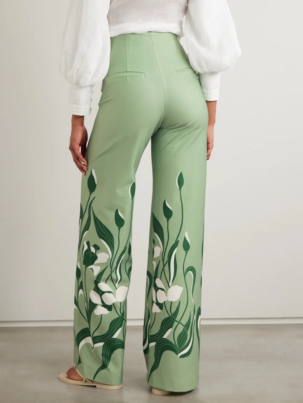 Back view of the Andres Otalora Luz De Si Floral-print Stretch-scuba Wide-leg Pants