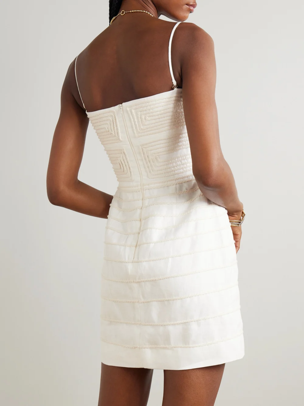 Back view of the Andres Otalora Muy Poetica Strapless Rope-trimmed Cutout Linen Mini Dress