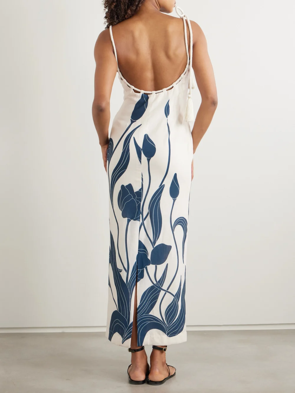 Back view of the Andres Otalora Pasos De Jardin Floral-print Linen Midi Dress