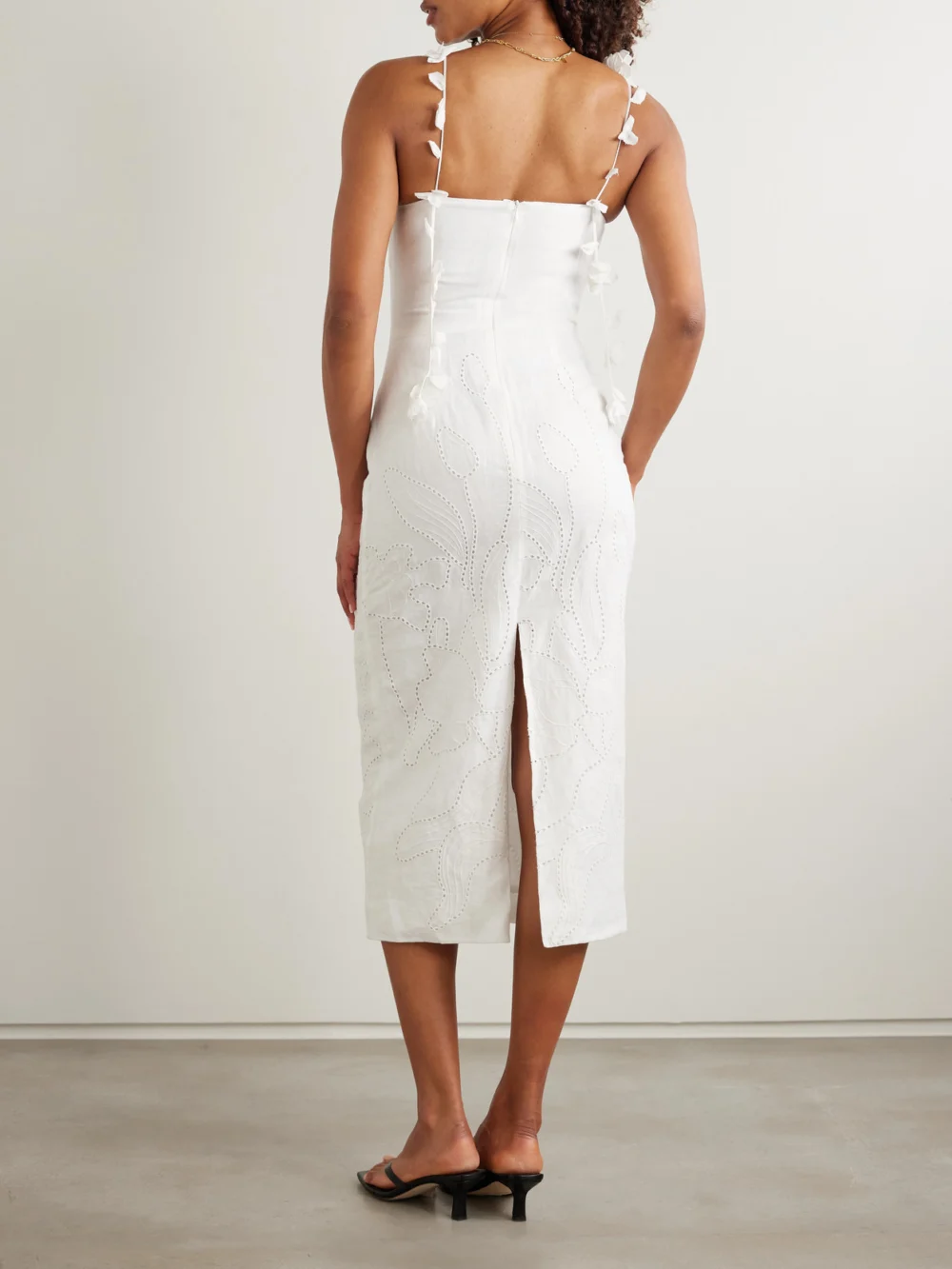 Back view of the Andres Otalora Petalos Embroidered Linen Midi Dress