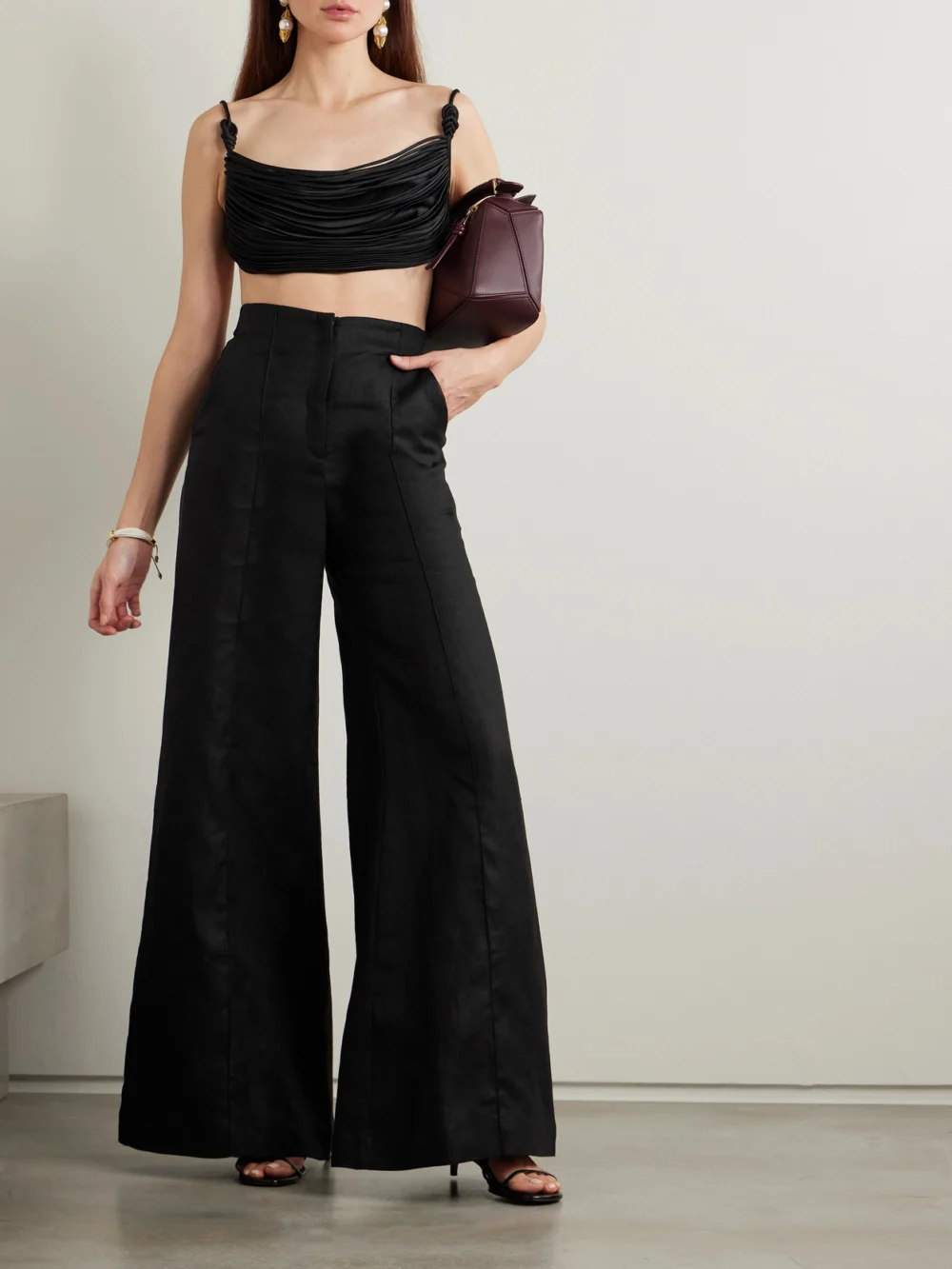 Andres Otalora Tierra De Oro Draped Cropped Satin Top, worn by a model