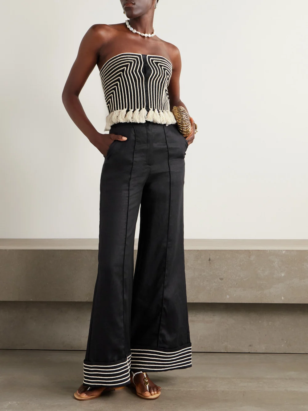 Andres Otalora Tu Sutileza Embroidered Linen Wide-leg Pants, worn by a model