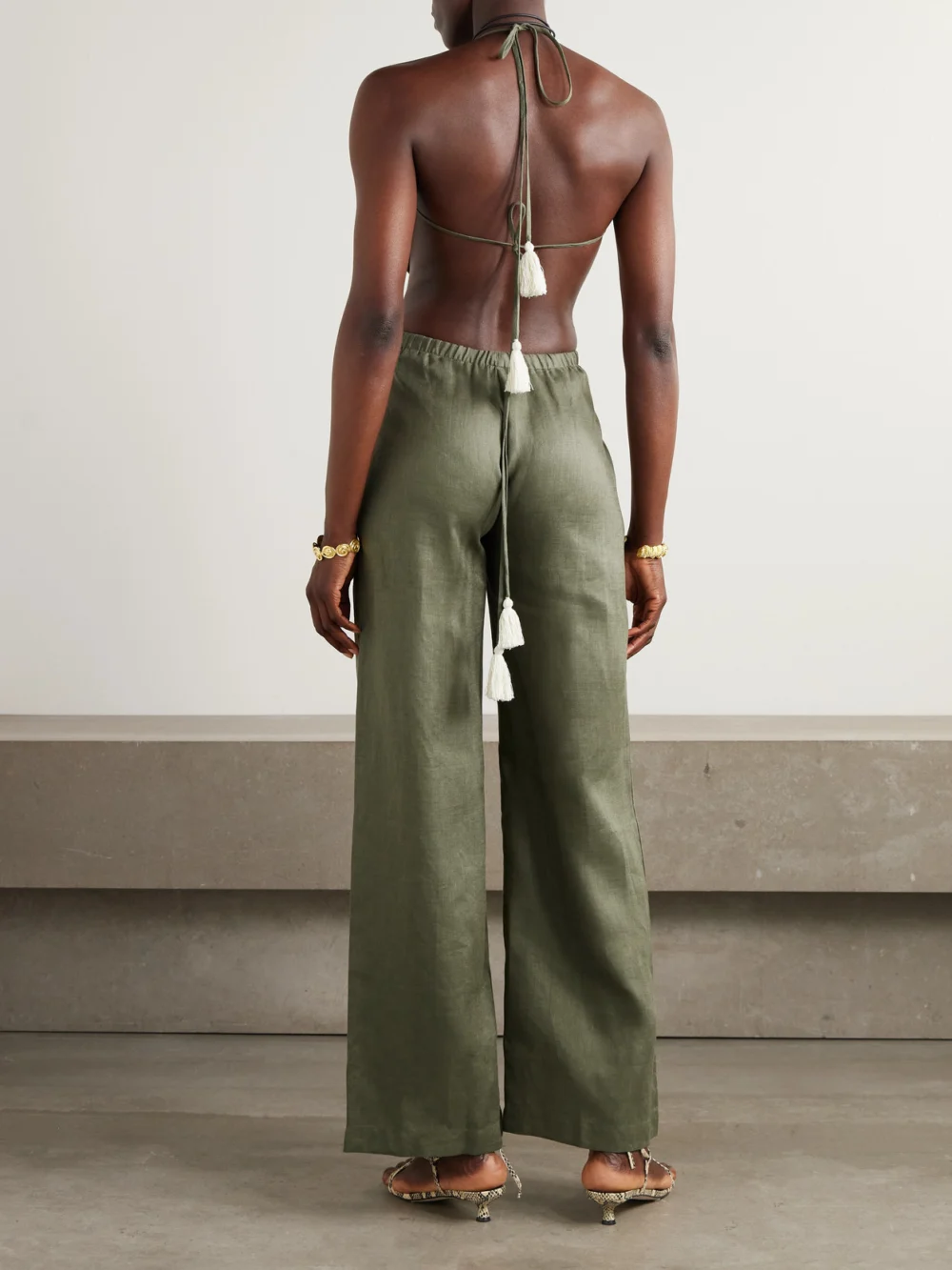 Back view of the Andres Otalora Zinnia Cutout Embroidered Linen Jumpsuit