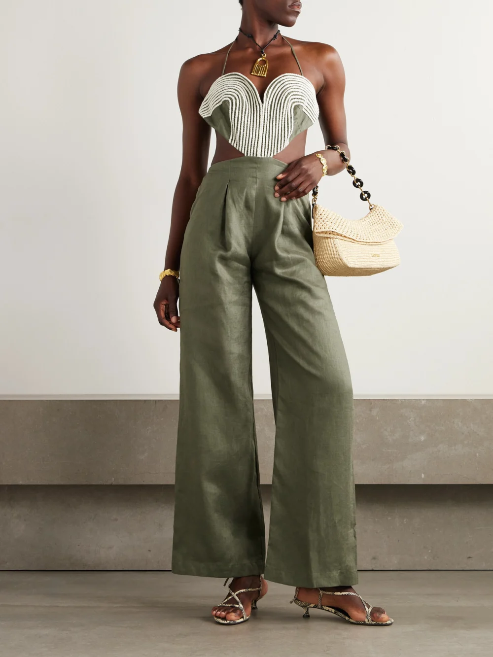 Andres Otalora Zinnia Cutout Embroidered Linen Jumpsuit, worn by a model