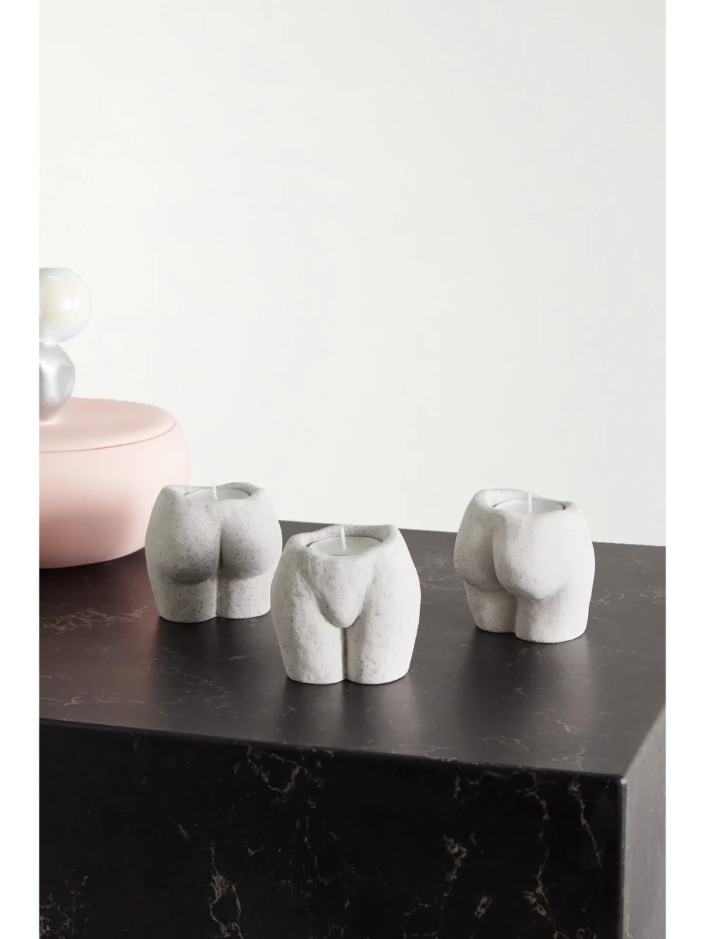 Anissa Kermiche Rock Bottom Set of Three Speckled Ceramic Tea Light Holders, styled view