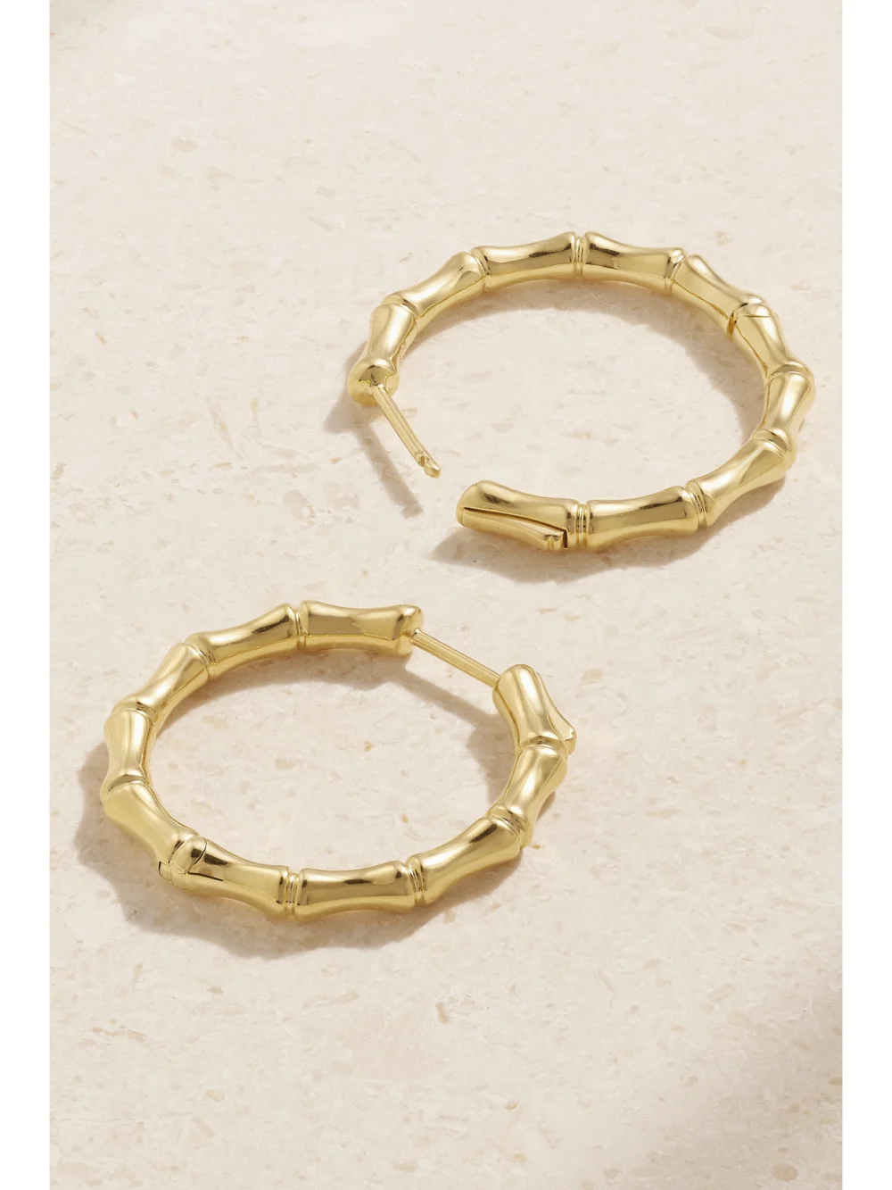 Close-up detail of the Anita Ko Bamboo 18-karat Gold Hoop Earrings