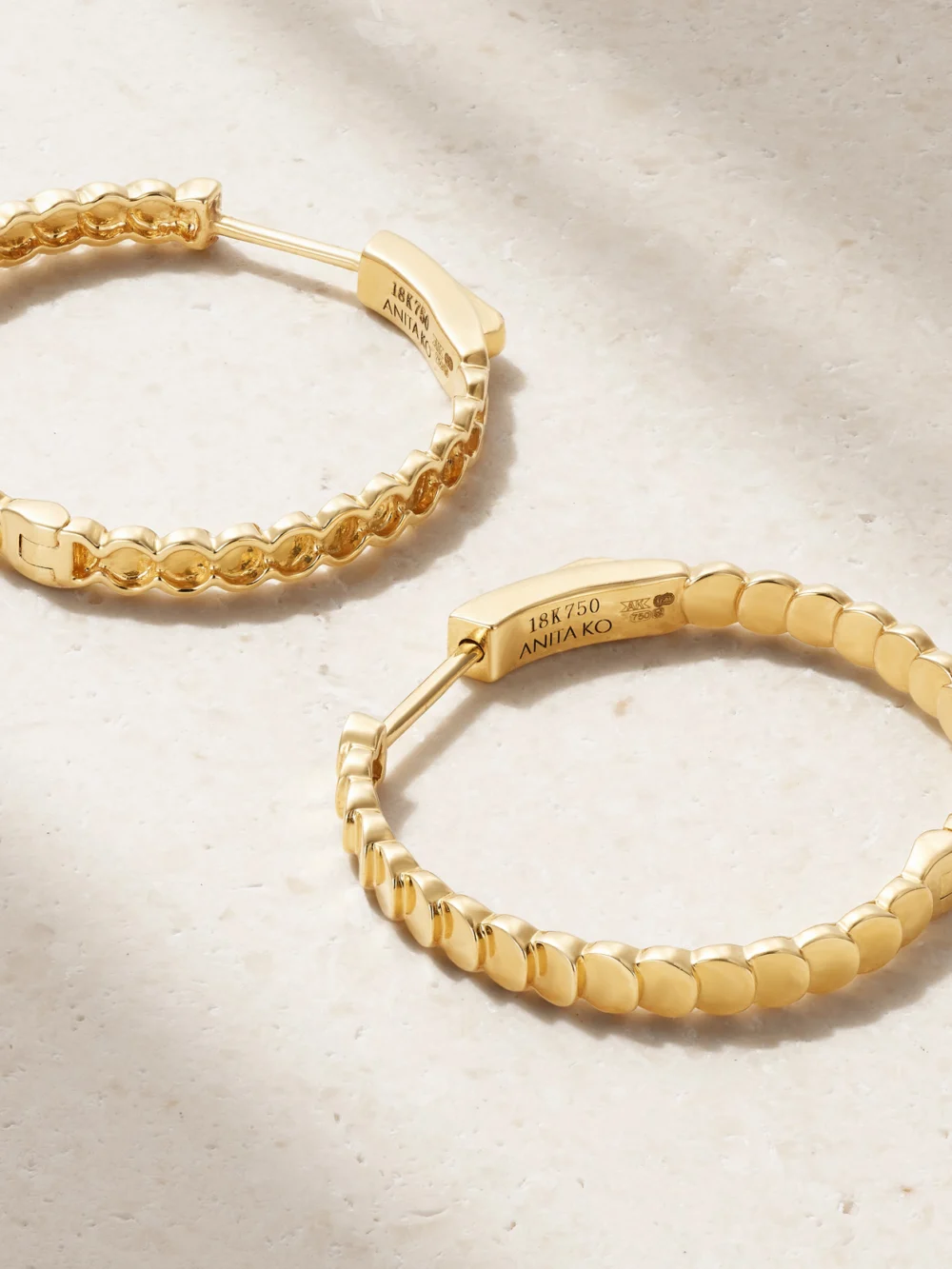 Close-up detail of the Anita Ko Luna 18-karat Gold Hoop Earrings