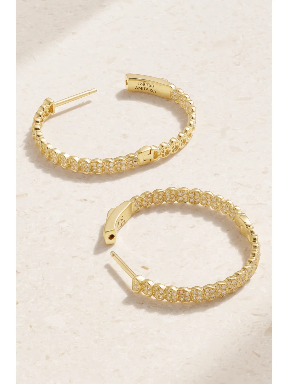 Close-up detail of the Anita Ko Luna Large 18-karat Gold Diamond Hoop Earrings