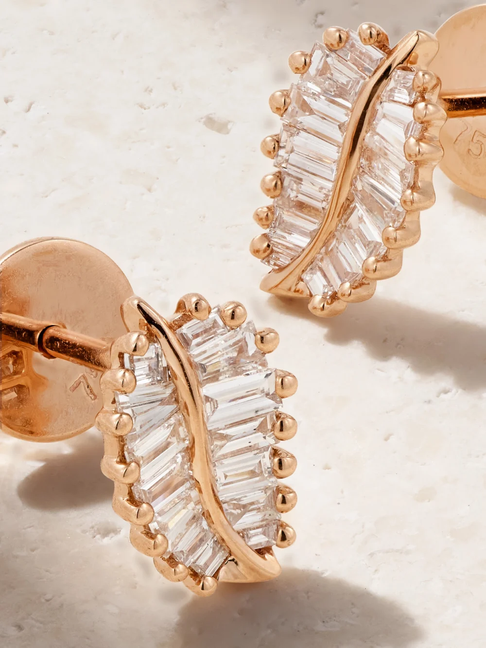 Close-up detail of the Anita Ko Palm Leaf Small 18-karat Rose Gold Diamond Earrings