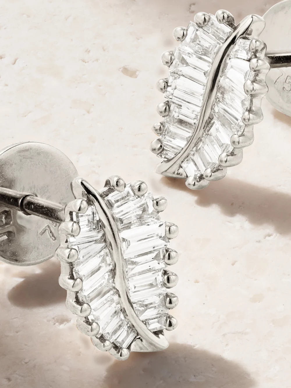 Close-up detail of the Anita Ko Palm Leaf Small 18-karat White Gold Diamond Earrings