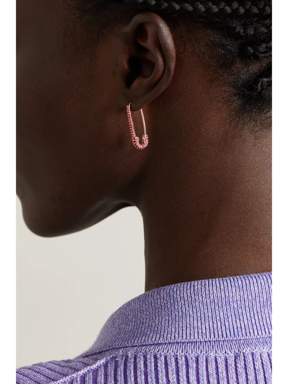 Anita Ko Safety Pin 18-karat Rose Gold Ruby Single Earring, styled view