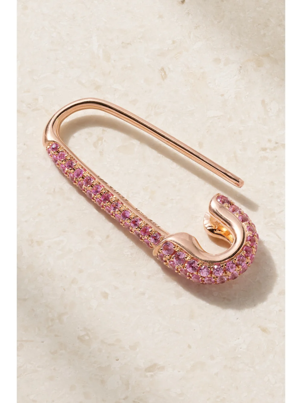 Close-up detail of the Anita Ko Safety Pin 18-karat Rose Gold Sapphire Earring