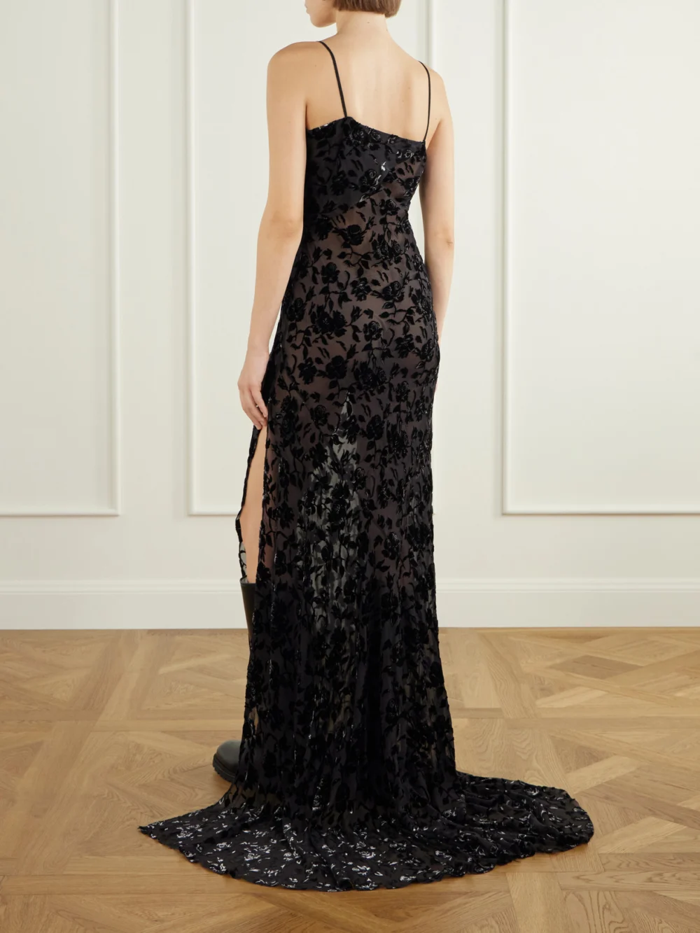 Back view of the Ann Demeulemeester Aaricia Asymmetric Velvet-devoré Tulle Maxi Dress