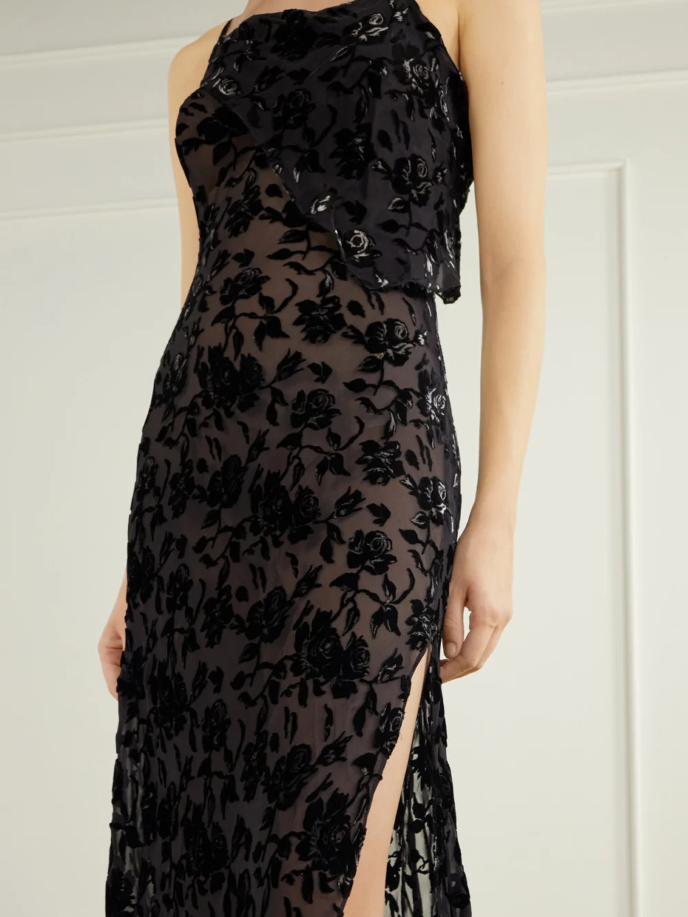 Close-up detail of the Ann Demeulemeester Aaricia Asymmetric Velvet-devoré Tulle Maxi Dress