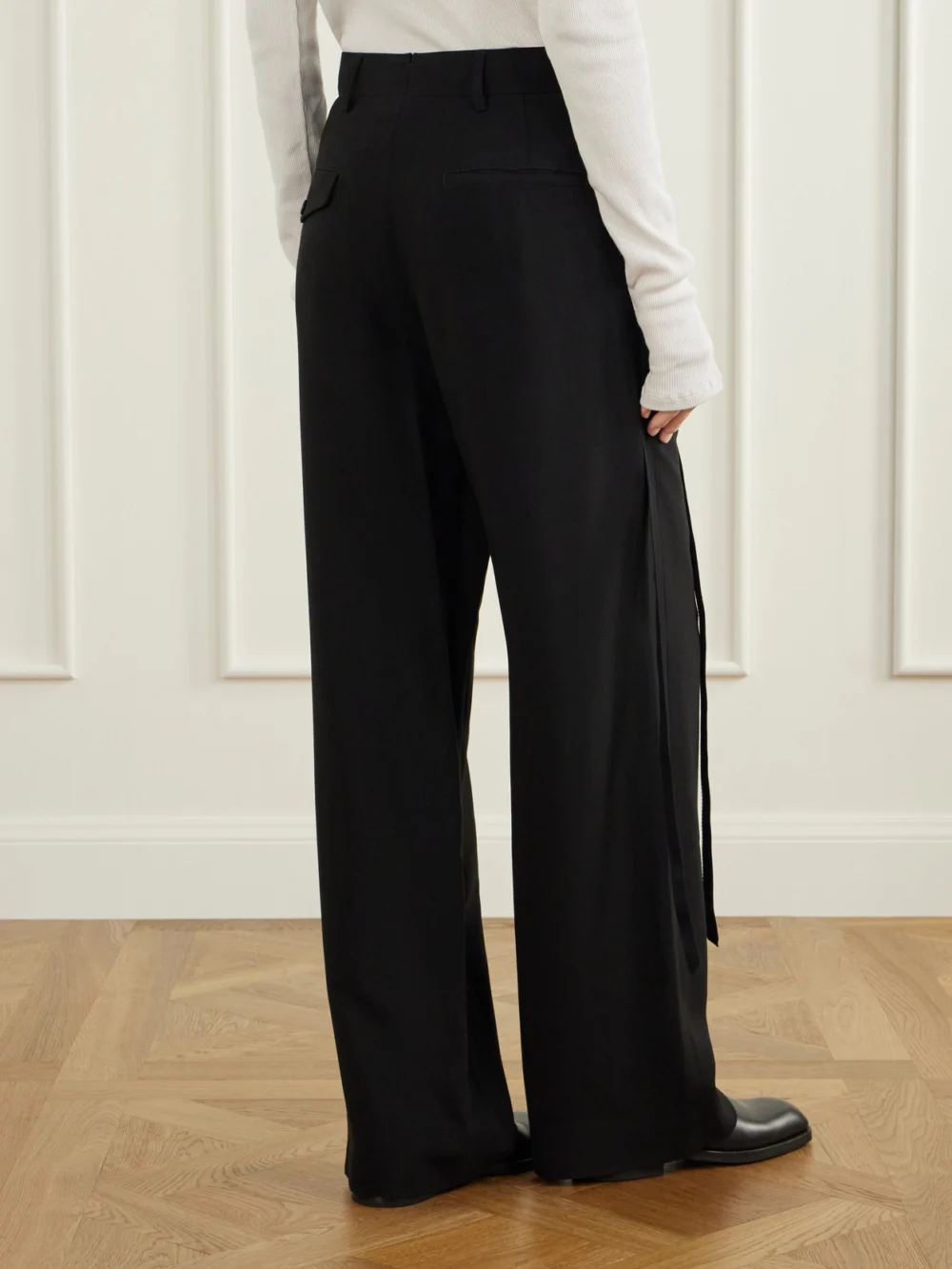 Back view of the Ann Demeulemeester Anneke Ribbon-detailed Jersey Wide-leg Pants