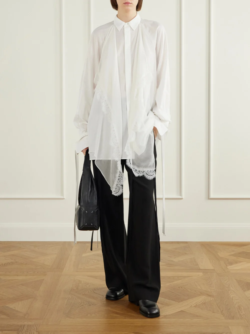 Ann Demeulemeester Anneke Ribbon-detailed Jersey Wide-leg Pants, worn by a model