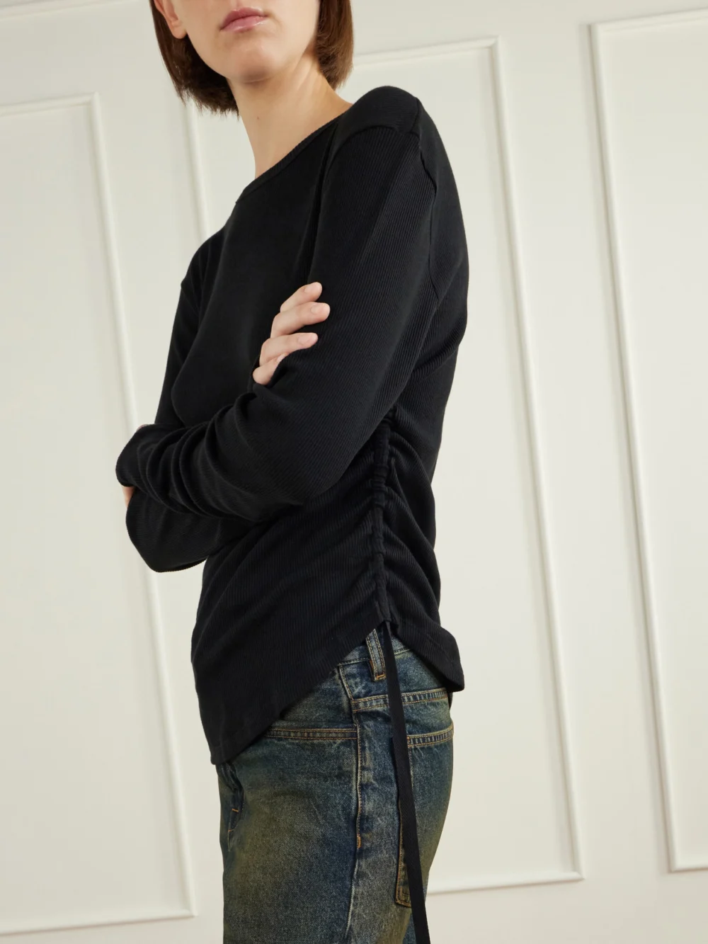 Close-up detail of the Ann Demeulemeester Dot Gathered Ribbed Cotton T-shirt