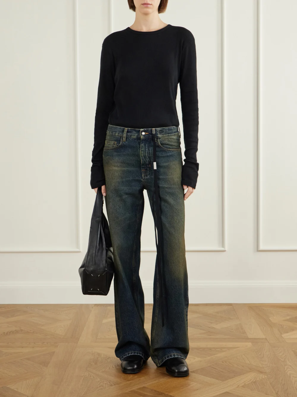 Ann Demeulemeester Dot Gathered Ribbed Cotton T-shirt, worn by a model