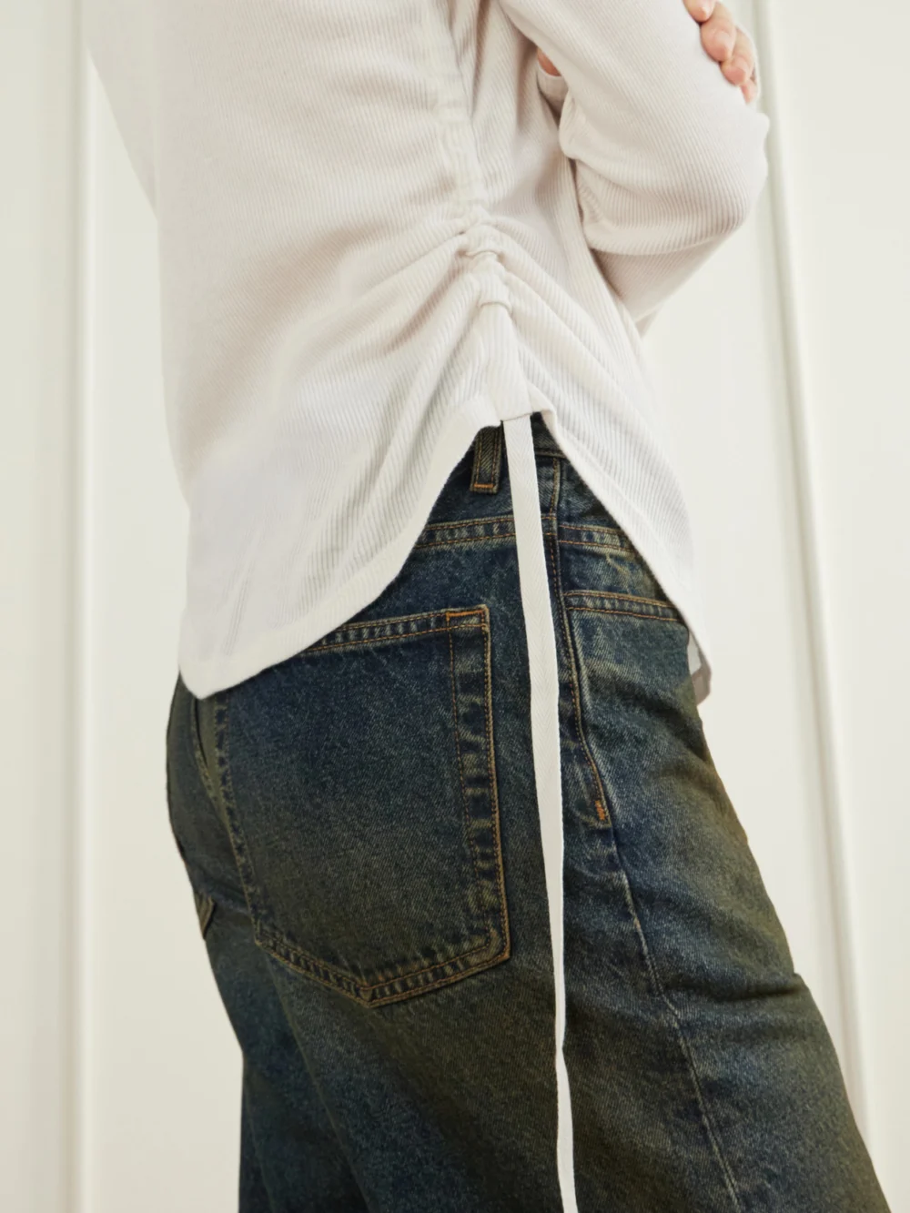 Close-up detail of the Ann Demeulemeester Dot Gathered Ribbed Cotton T-shirt