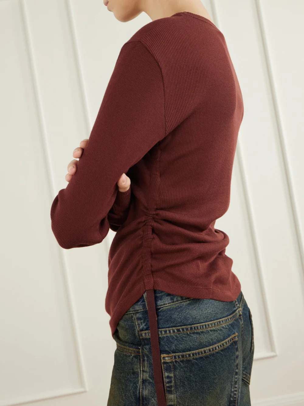 Close-up detail of the Ann Demeulemeester Dot Gathered Ribbed Cotton T-shirt