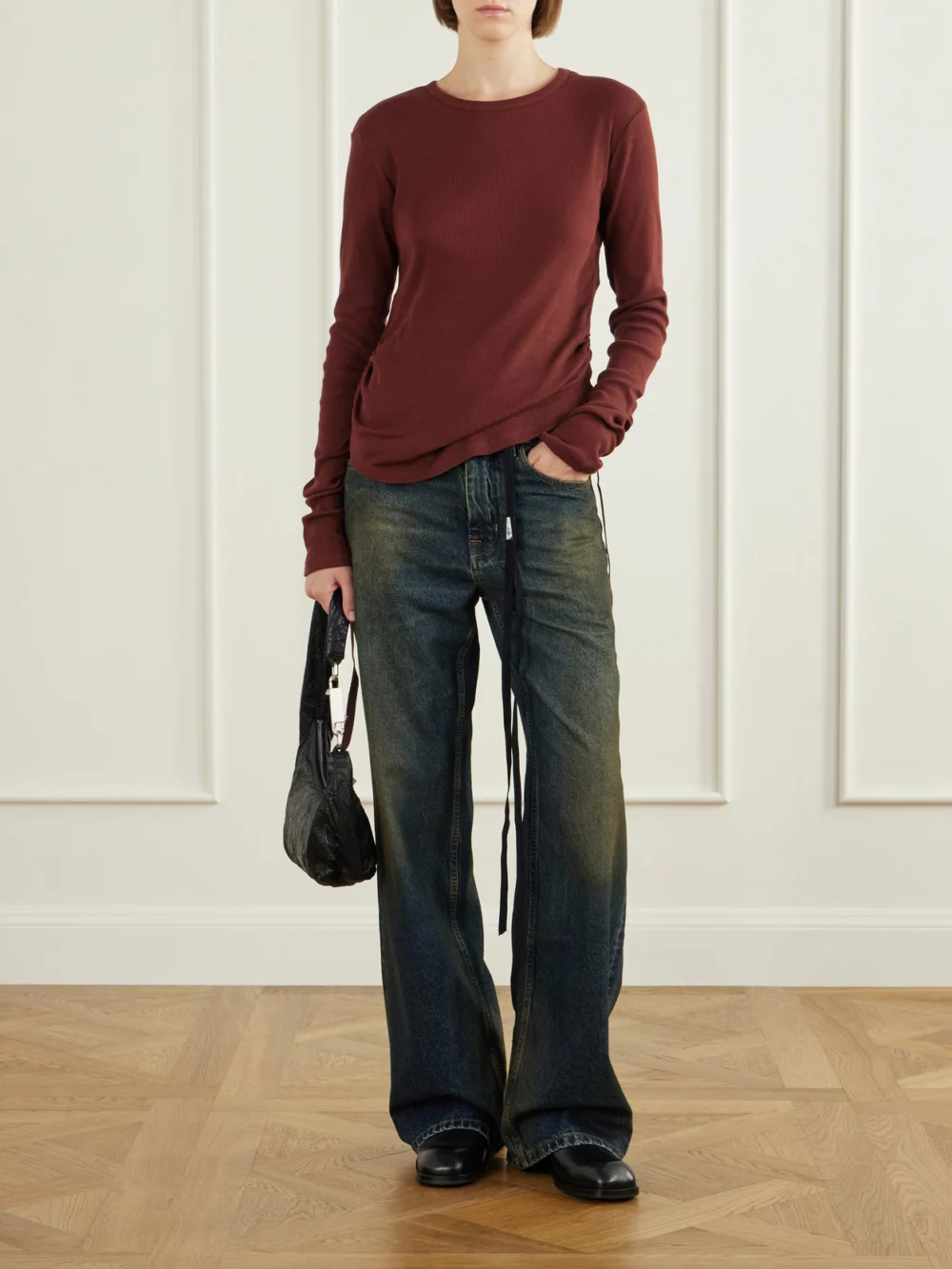 Ann Demeulemeester Dot Gathered Ribbed Cotton T-shirt, worn by a model