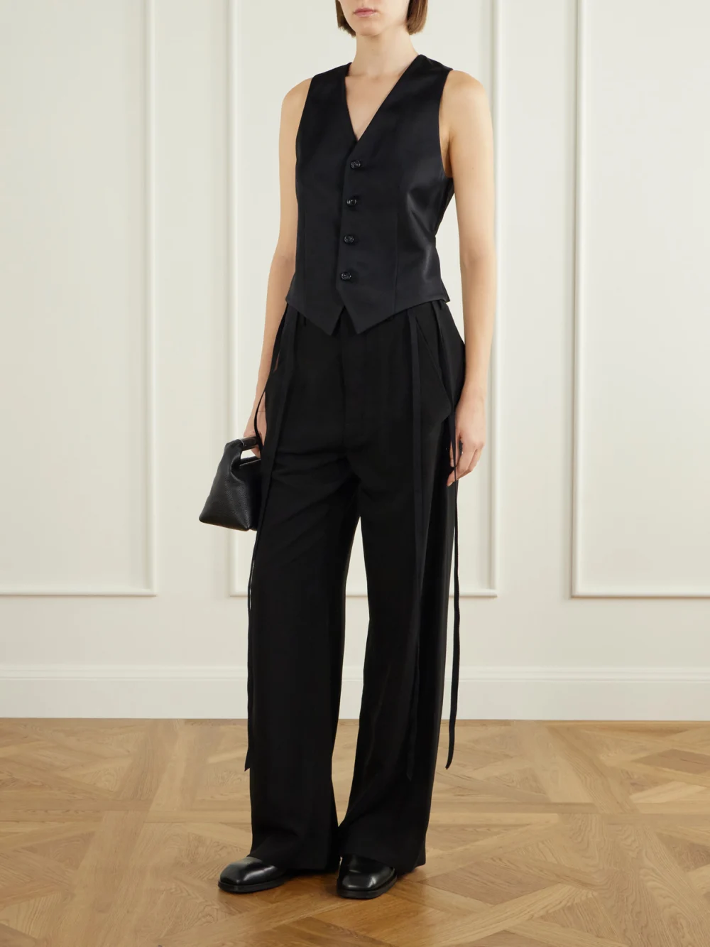 Ann Demeulemeester Stanse Belted Crepe Vest, worn by a model
