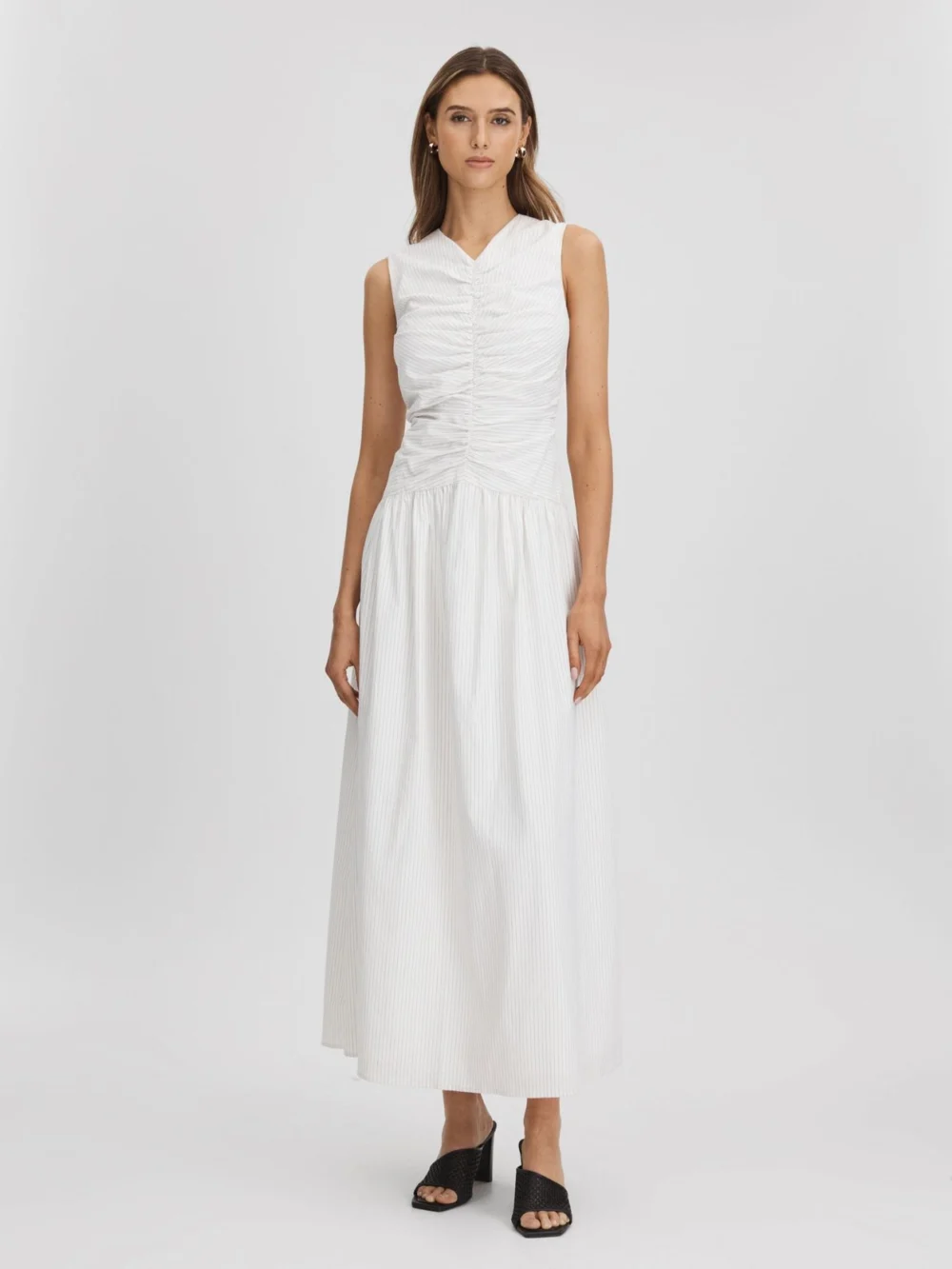 Anna Quan Anna Quan Women's White Cotton Striped Ruche Maxi Dress