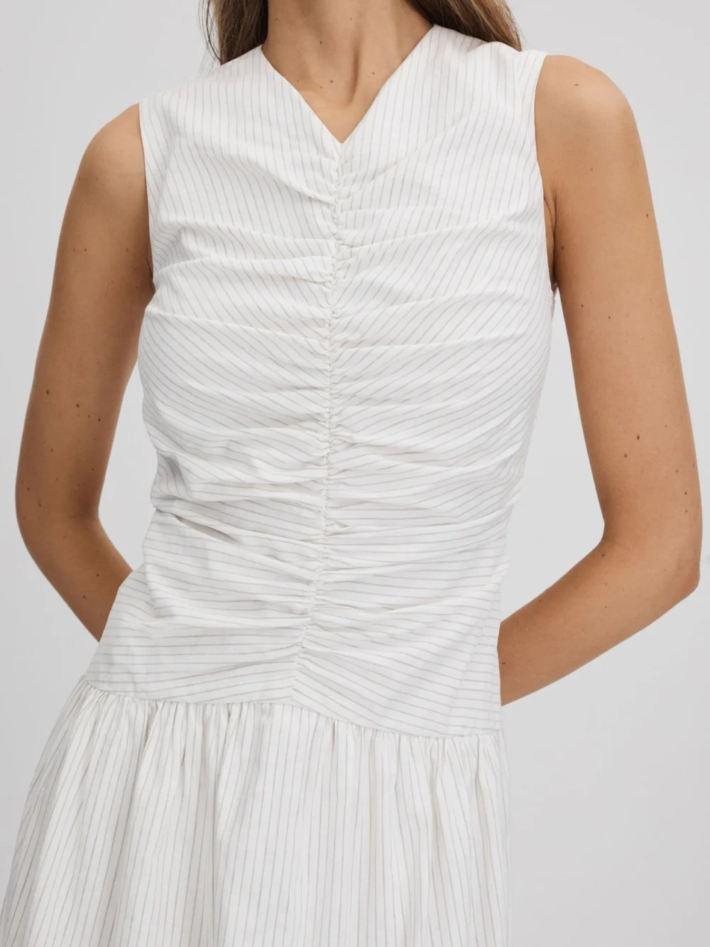 Anna Quan Anna Quan Women's White Cotton Striped Ruche Maxi Dress, view 3
