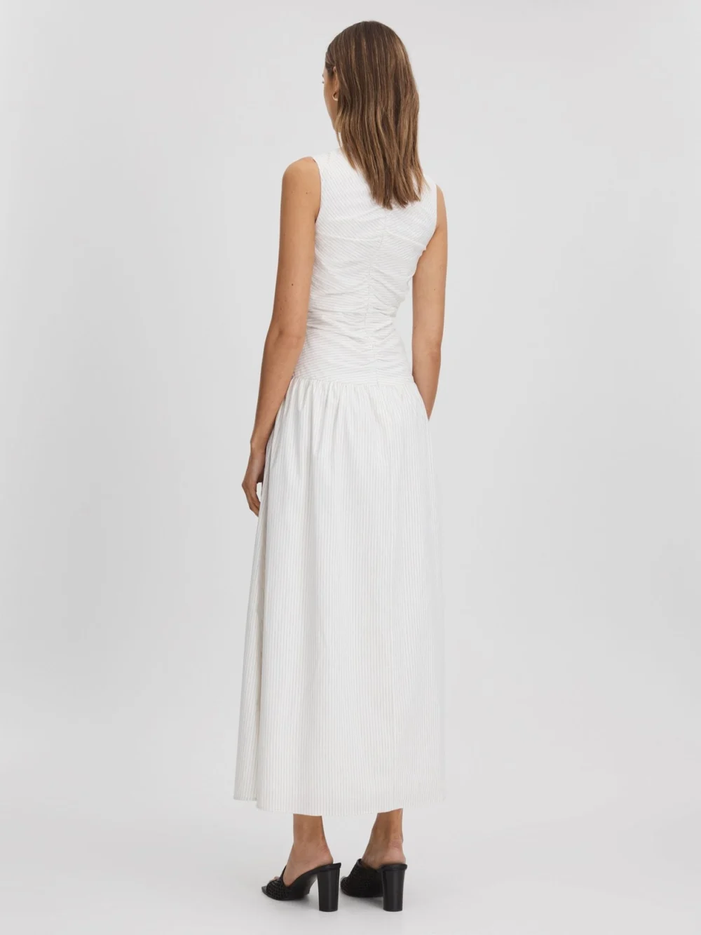 Anna Quan Anna Quan Women's White Cotton Striped Ruche Maxi Dress, view 4