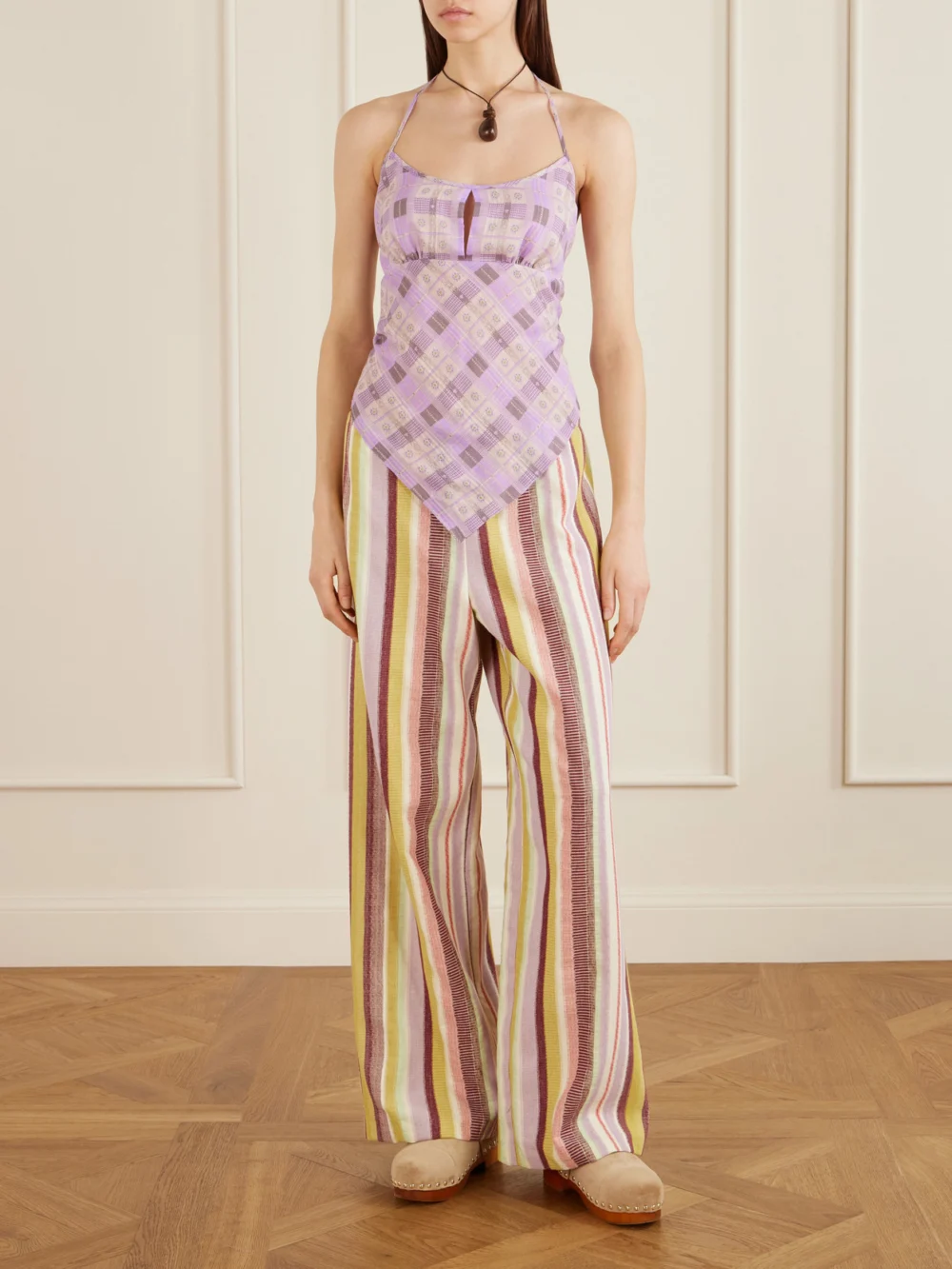 Anna Sui Apron Checked Printed Cotton-voile Halterneck Top, worn by a model