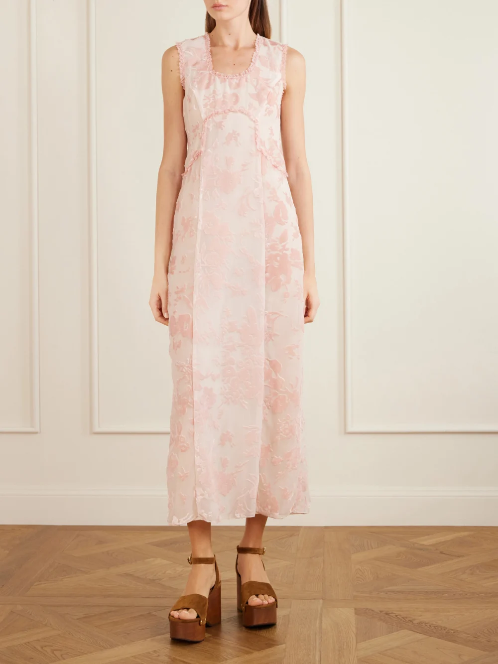 Anna Sui Boudoir Floral Devoré-velvet Satin Midi Dress, worn by a model