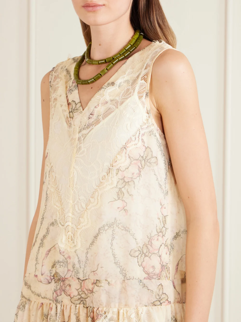 Close-up detail of the Anna Sui Floral-print Lace-trimmed Chiffon Midi Dress