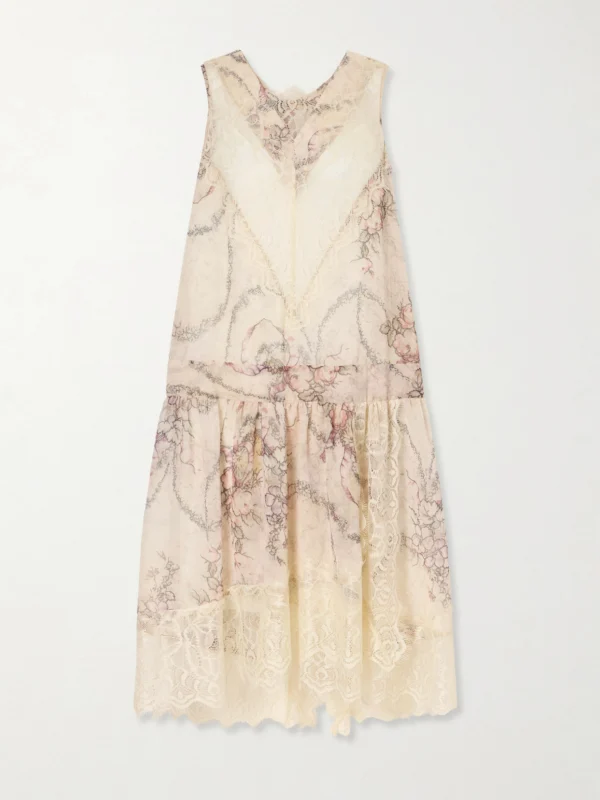 Anna Sui Floral-print Lace-trimmed Chiffon Midi Dress