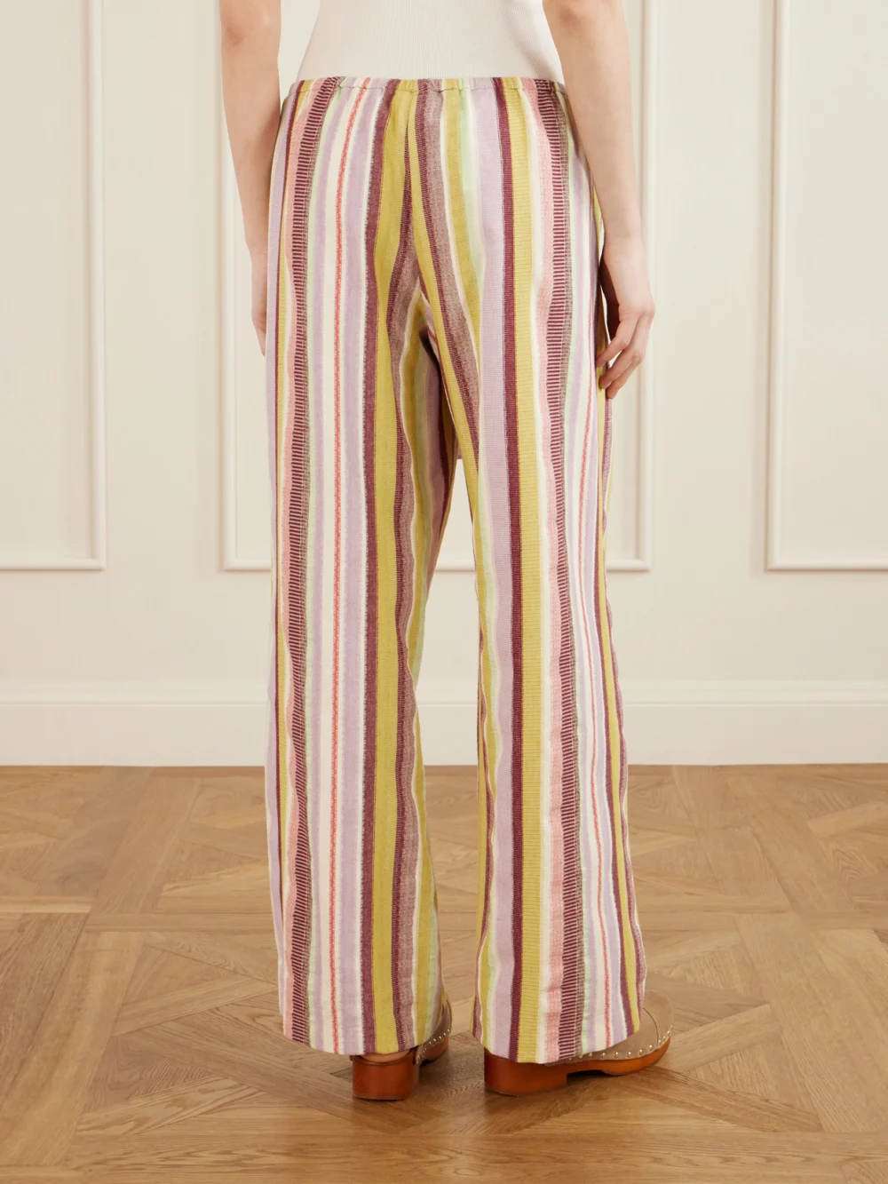 Back view of the Anna Sui Mesa Striped Cotton-blend Straight-leg Drawstring Pants