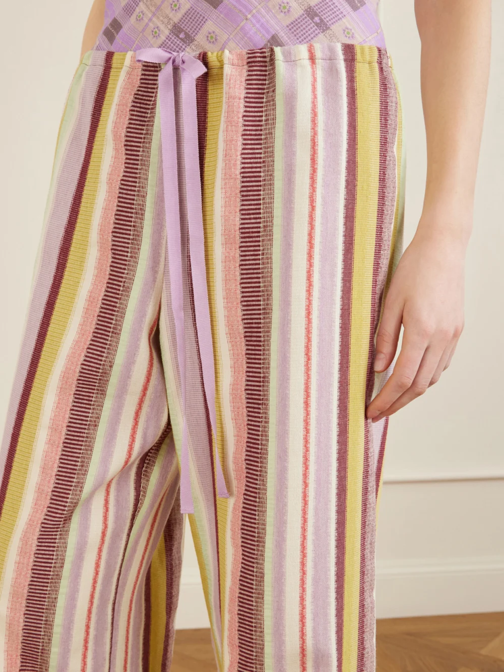 Close-up detail of the Anna Sui Mesa Striped Cotton-blend Straight-leg Drawstring Pants