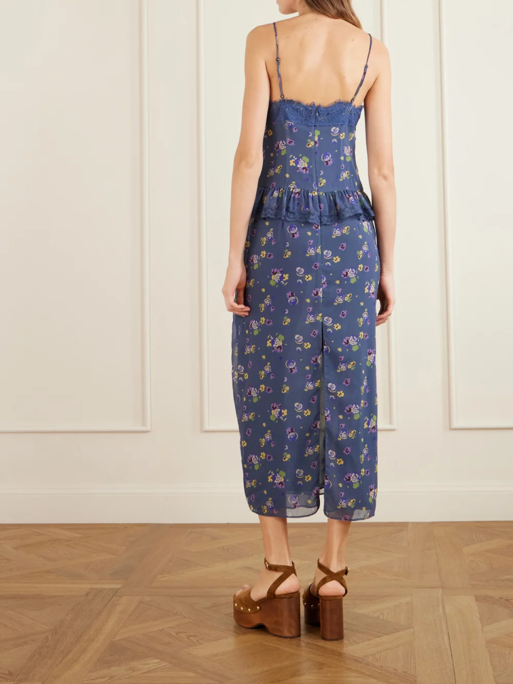 Back view of the Anna Sui Night Blooming Floral-print Lace-trimmed Chiffon Midi Dress
